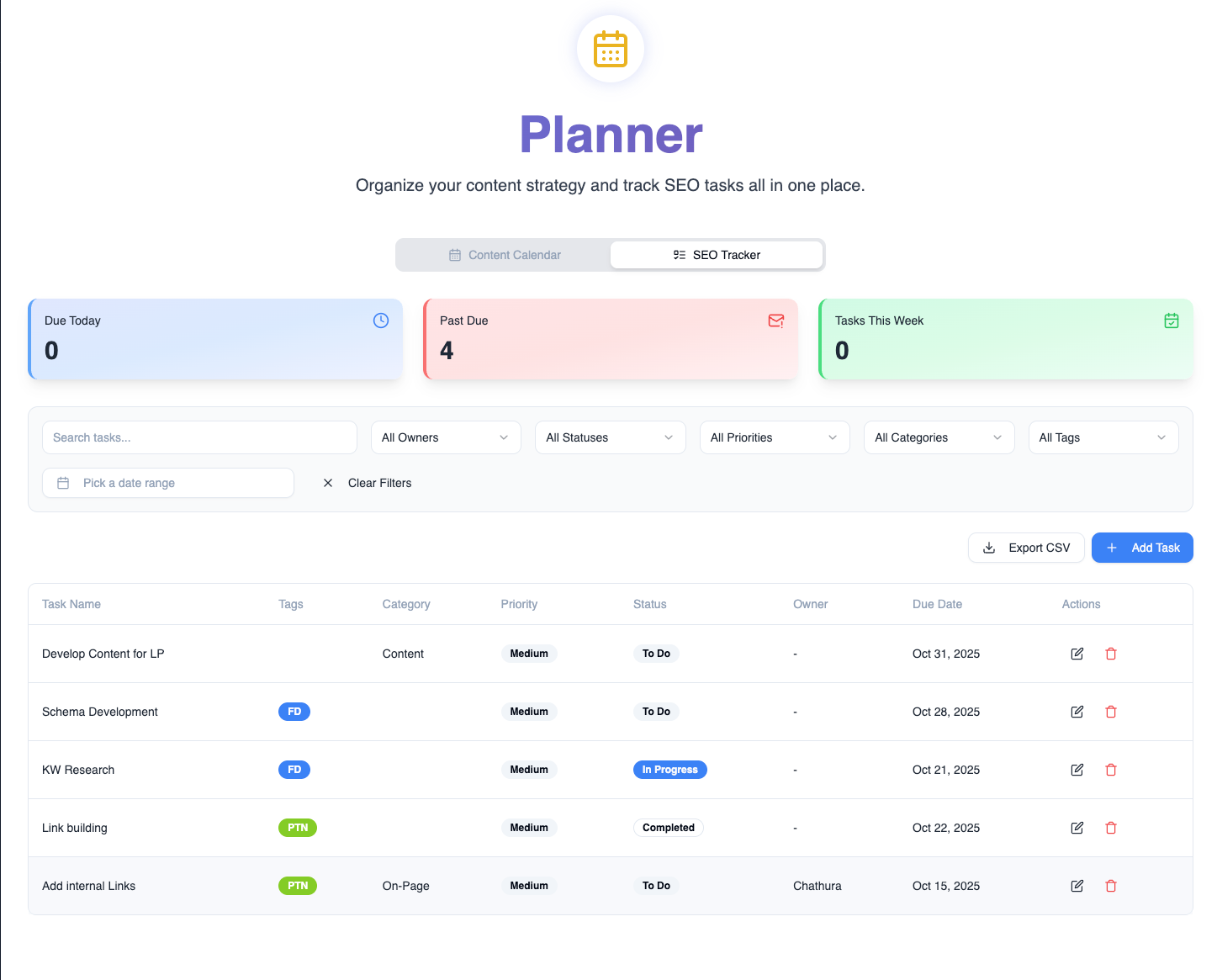 seo task planner feature seonoob